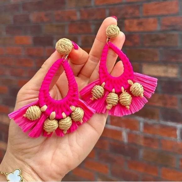Anthropologie Pink Raffia Breaded Earrings - Picture 2 of 5